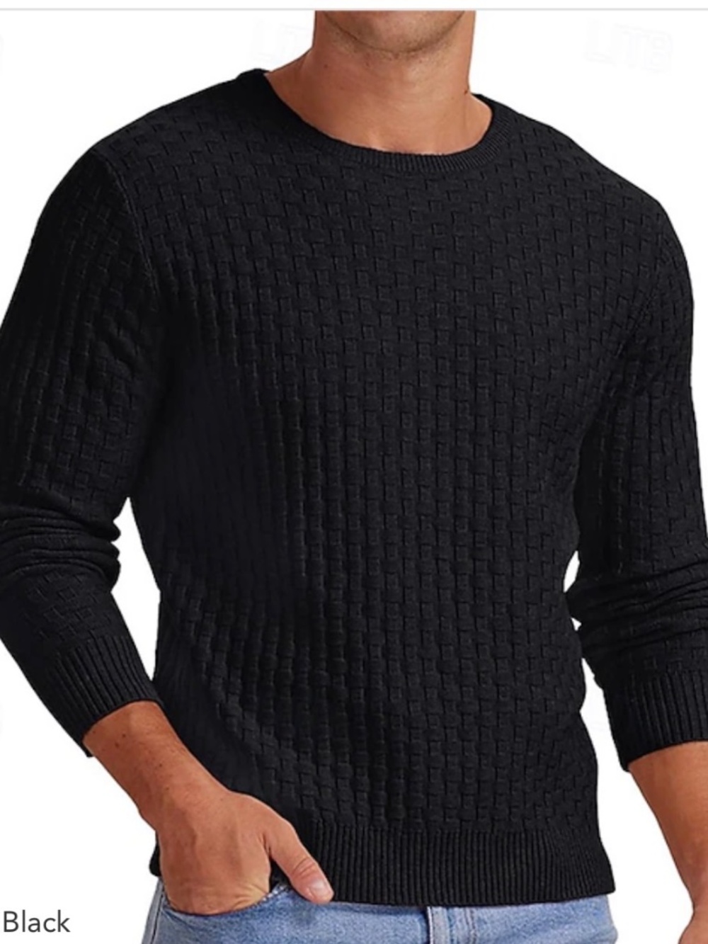 Men's Black Textured Knit Crewneck Sweater US Large
